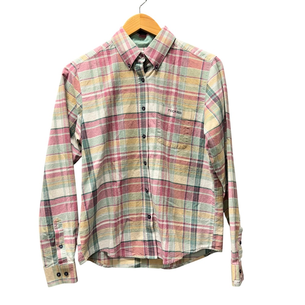 Vintage Rockies Button Down Womens Medium Pink Green Plaid Western Cotton